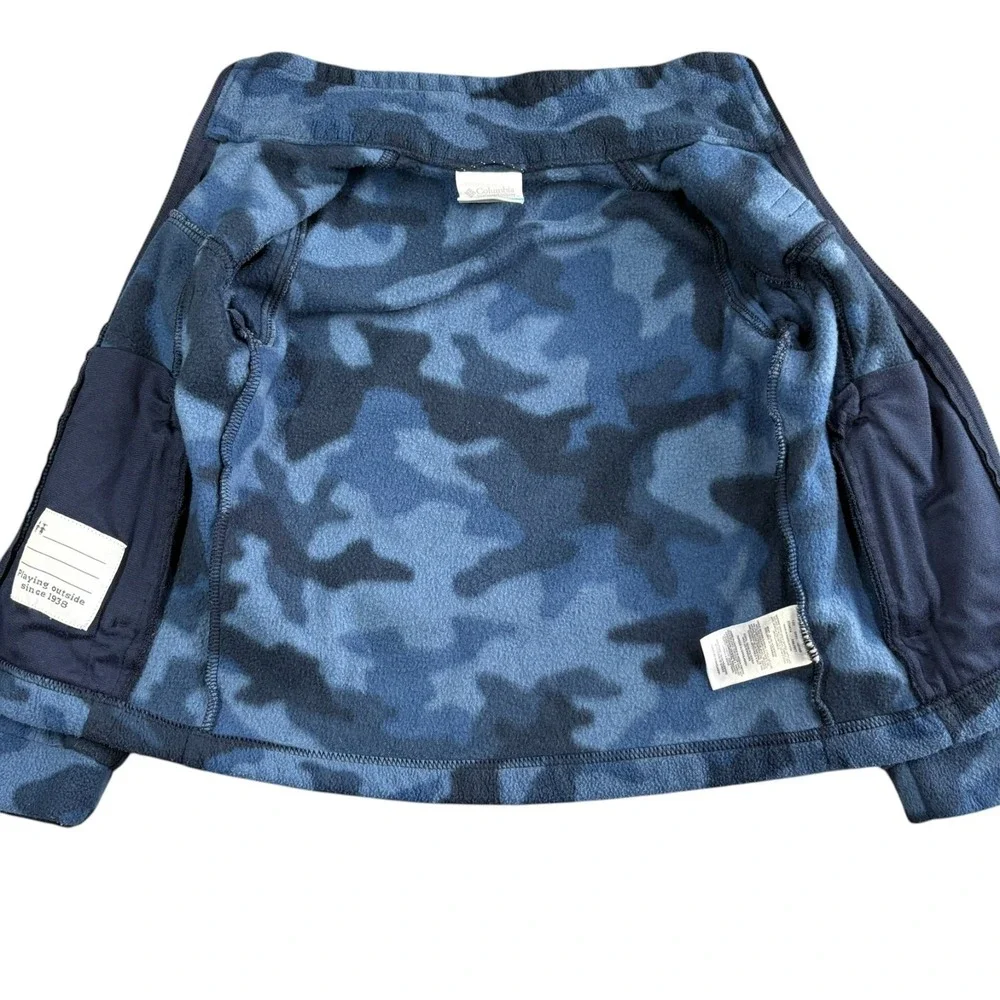 Columbia Fleece Jacket Youth XXS 4/5 Full Zip Blue Camo Pockets Logo Fall Coat